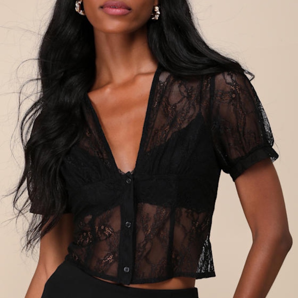 NEW Lulus Pretty Flirty Black Sheer Lace Collared Short Sleeve Crop Top - Size S